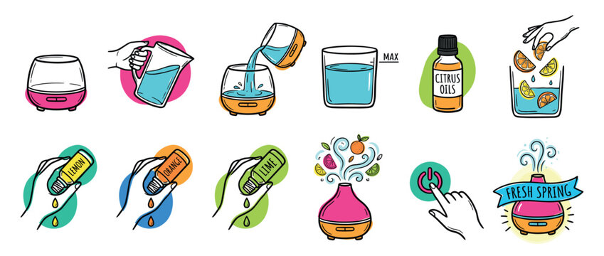 Set of hand-drawn infographic icons showing step-by-step instructions for using an essential oil aroma diffuser with citrus scents for home aromatherapy and wellness