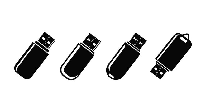 Four black usb flash drives depicted in a stark silhouette