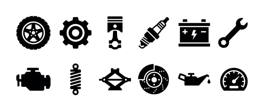 Set of black car service icons including a tire, gear, piston, engine, battery, and wrench for automotive repair and maintenance concepts in a flat glyph style
