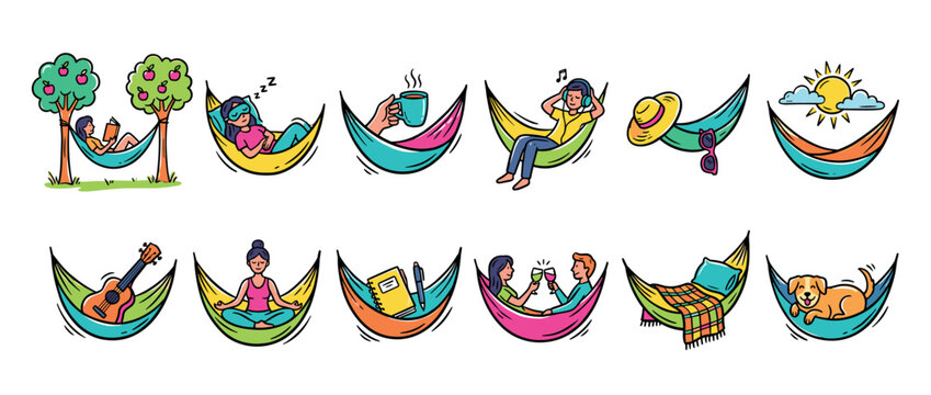 Colorful cartoon icon set of people relaxing in hammocks, enjoying summer vacation activities like reading, sleeping, meditating, listening to music, and drinking with a pet