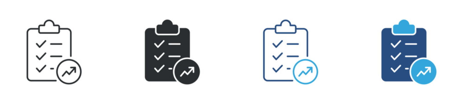 Task Progress icon set. Clipboard with checklist and upward trend arrow, performance tracking and productivity growth concept, task completion and progress monitoring symbol, vector illustration