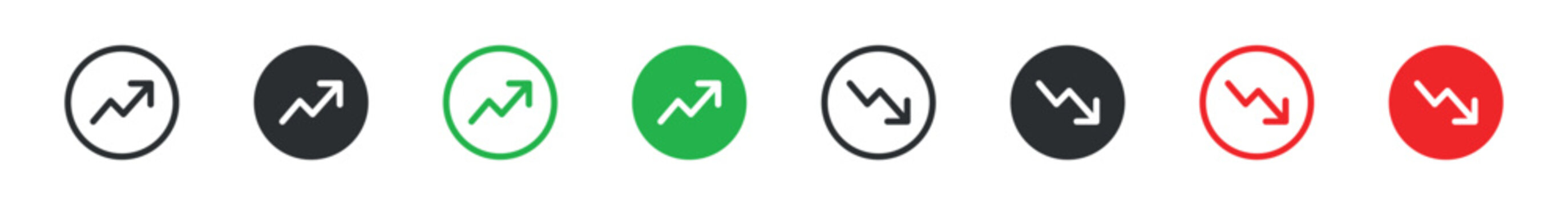 Market Trend icon set. Up and down arrows in circular icons, business growth and decline concept, financial analytics and performance symbol, vector illustration