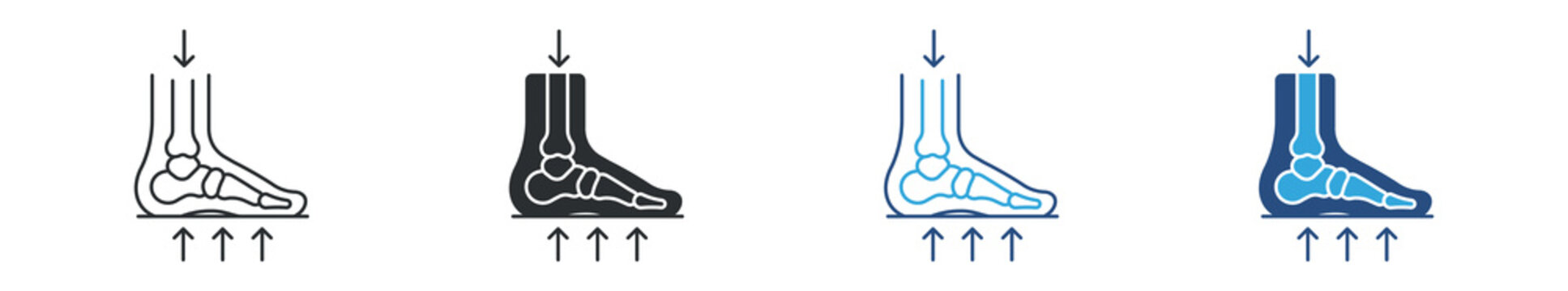 Foot Pressure icon set. Foot skeleton with directional arrows, biomechanics and weight distribution concept, podiatry analysis and support symbol, vector illustration