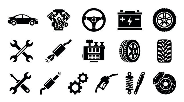 Collection of black car service icons representing various automotive parts and repair tools like an engine, wheel, battery, brake, and wrench for vehicle maintenance concepts