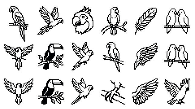 Collection of black and white pixel art icons featuring various tropical birds like parrots, toucans, and lovebirds, along with wings and feathers in a retro 8-bit video game style