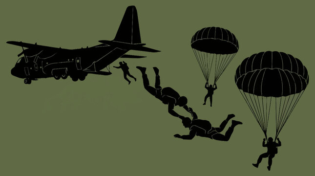 Silhouette of paratroopers jumping from a military transport aircraft during a nighttime operation.