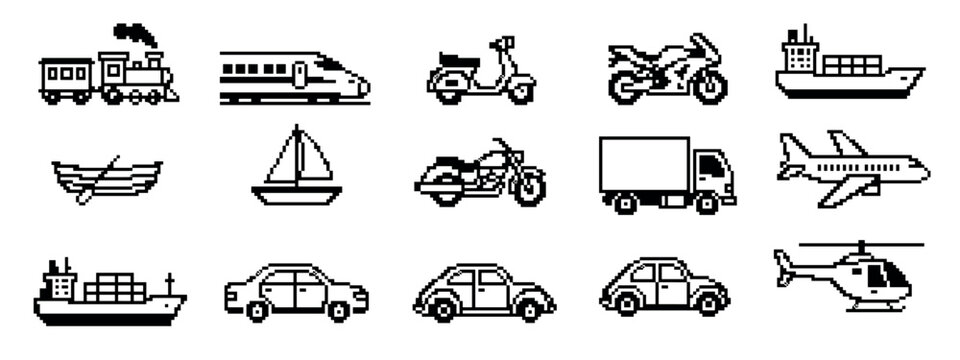 Set of pixel art transportation icons featuring various vehicles for land, sea, and air travel in a retro 8-bit video game style graphic design collection