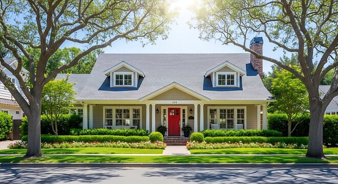 Charming suburban home with lush greenery and classic architectural details