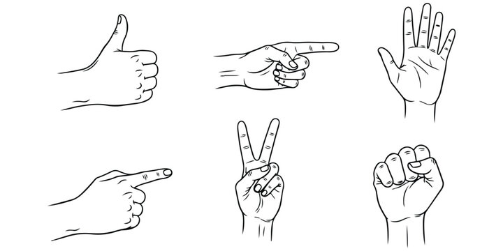 Vector illustration icon set of hand gestures and silhouettes showing thumbs up, ok sign, fist, palm and finger symbols in simple cartoon business design