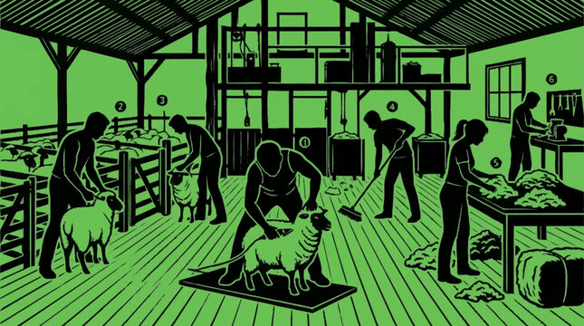 Illustration depicting sheep shearing and wool processing within a rustic barn setting.