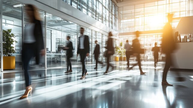 A bustling office lobby with people walking quickly past glass walls and large windows at sunset