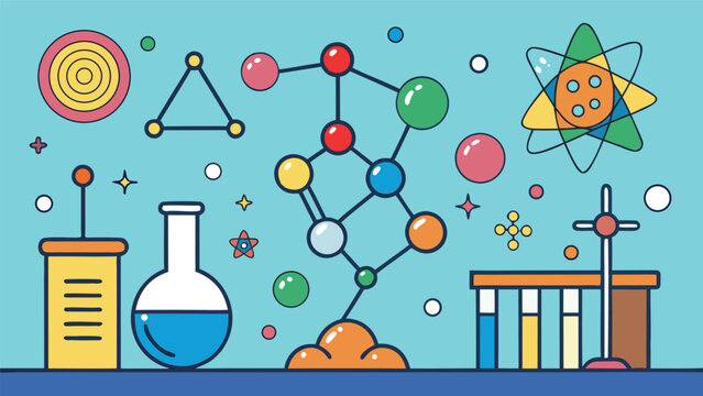 Colorful science and chemistry laboratory icons featuring molecular structures, beakers, and atoms on a flat blue background for education