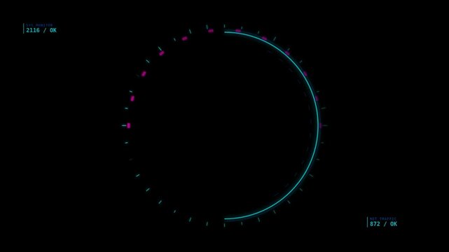 A circular graphical display with glowing segments indicating measurement in a digital format