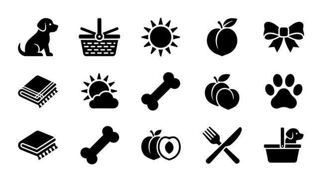 Set of black solid glyph icons representing a summer picnic with a dog, including a puppy, basket, sun, peach, bone, paw print, blanket, and cutlery for outdoor recreation