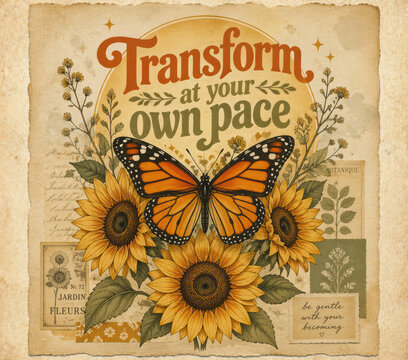 Vintage inspirational illustration with monarch butterfly, sunflowers, aged paper texture and text Transform at your own pace.
Great for posters and wall art.