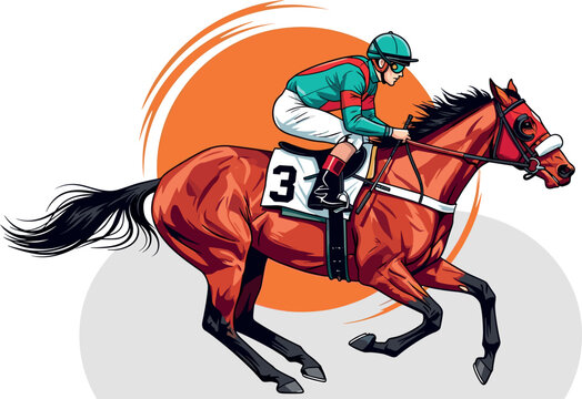 Illustration of Horse racing jockey on brown horse