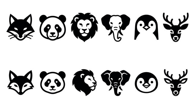 Black animal head icon collection featuring a fox, panda, lion, elephant, penguin, and deer in two distinct minimalist graphic variations, shown as a complete character set