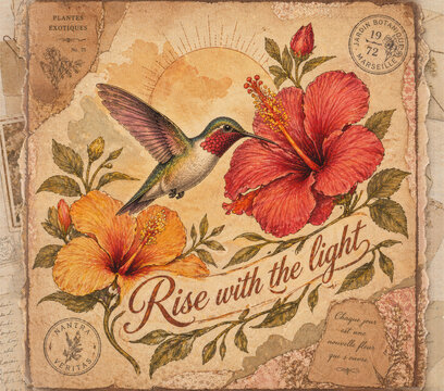 Vintage botanical illustration with hummingbird, red hibiscus, yellow flowers and antique postcard texture, featuring text Rise with the light.
Great for wall art and stationery.