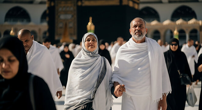 Pilgrims in ihram clothing walking hand in hand near the Kaaba during Hajj or Umrah, a spiritual journey for Muslims, representing faith and devotion
