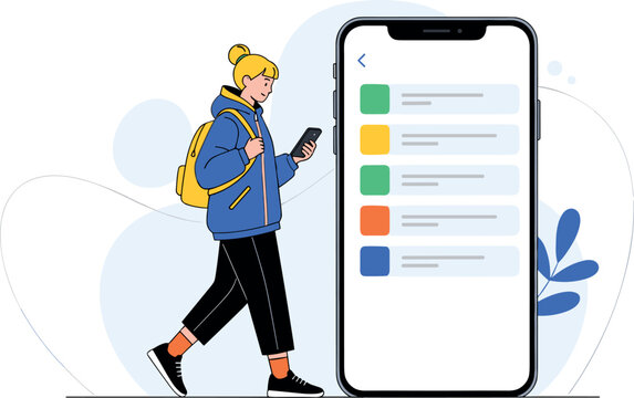 Young woman with smartphone and colorful app interface