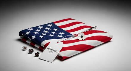 Fototapeta premium US flag made of Lego bricks with dice and price tag, concept of patriotic consumerism or holiday shopping