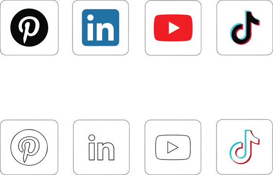 Social media and music app icons set on white background for digital marketing