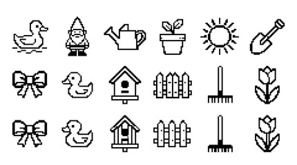 Fototapeta premium Set of black pixel art icons for gardening and spring themes featuring a duck, gnome, watering can, flower, and birdhouse in a minimalist 8-bit retro video game style