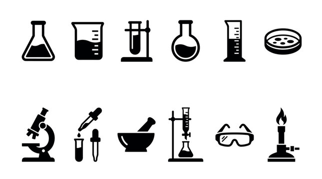 Collection of black laboratory equipment icons including a microscope, beaker, flask, and bunsen burner for scientific research and chemistry experimentation concepts