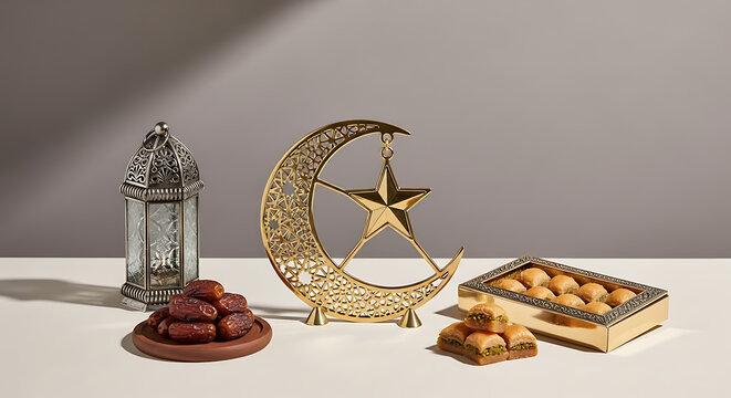 Ramadan celebration setup with dates, crescent moon, star, and baklava sweets, traditional Islamic festive elements