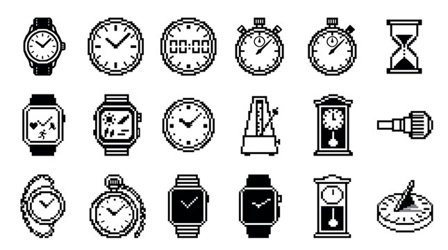 Pixel art icons set of various clocks and watches including a stopwatch, hourglass, and sundial in a retro 8-bit monochrome video game style illustration