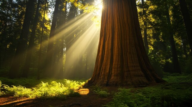 Sunlight streaming through ancient redwood trees majestic forest nature photography tranquil environment ground-level view serenity and beauty