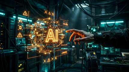 Fototapeta premium Futuristic hand interacting with an AI interface, showcasing advanced technology and artificial intelligence in a digital network