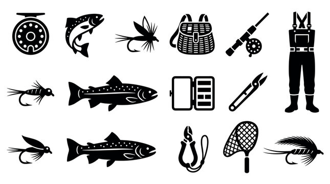 Collection of black fly fishing icons showing equipment, gear, and trout in a clean graphic style for outdoor recreation, sporting activities, and hobby concepts