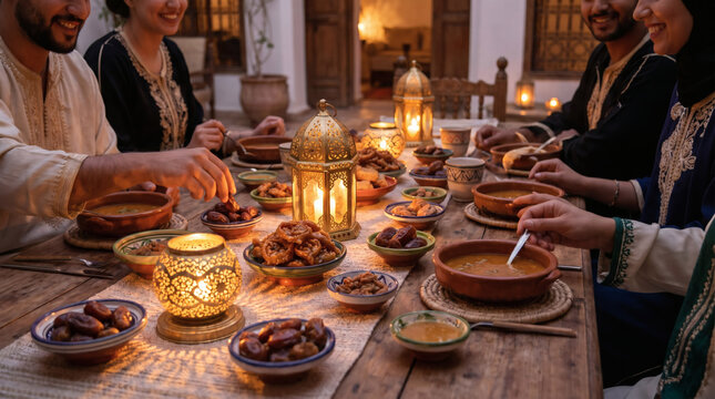 Traditional Moroccan Ramadan Iftar Table Setup with Lanterns