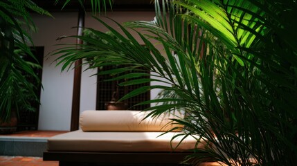 Fototapeta premium 暖かい場所にある植物に囲まれた居心地の良いシーティングエリア