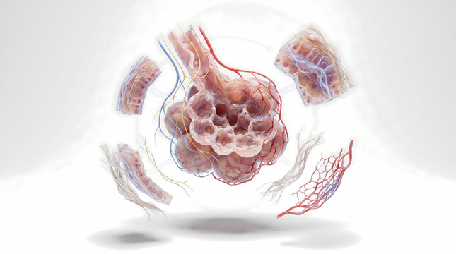 3D Medical Illustration of Human Lung Alveoli or Renal Glomeruli Cluster with Blood Vessel Network