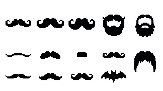 Black pixel art mustaches and beards set with various silhouette shapes in a retro 8-bit video game style, showcasing a collection of classic facial hair graphic elements