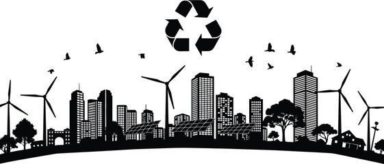 Eco-friendly cityscape silhouette with wind turbines, solar panels, and recycling symbol, promoting sustainable urban development and green energy. © MSTShahanaz