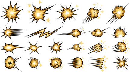 Golden Comic Style Explosion Set with Speed Lines Lightning Bolts and Dynamic Blast Effects for Action Graphic Design © MD