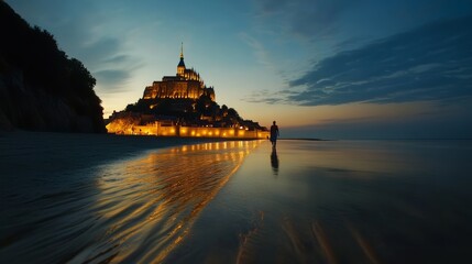 Fototapeta premium Evening stroll by the beach mont saint-michel landscape photography serene environment tranquil viewpoint nature's beauty