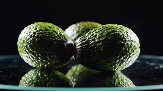 Closeup of Ripe Avocados on Reflective Surface.