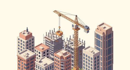 Fototapeta premium Construction crane lifting building materials high.
