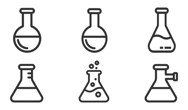 set of laboratory glassware icons including round bottom flask, conical flask with bubbles, and side arm flask on transparent background