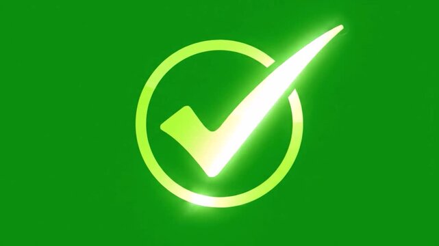 Animated checkmark appearing inside a glowing circle on a green screen background to represent success in this motion video footage