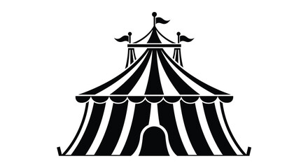A simple black and white illustration of a classic circus big top tent © sahidabegum