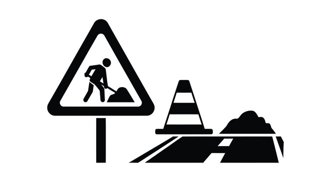 Road work ahead a warning sign with a worker and traffic cones