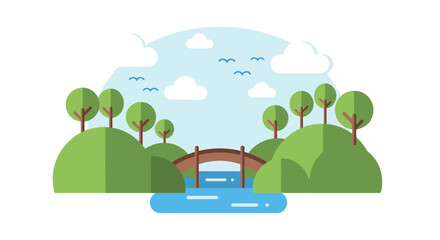 Fototapeta premium Serene vector illustration of wooden bridge spanning river between green hills with trees and blue sky.