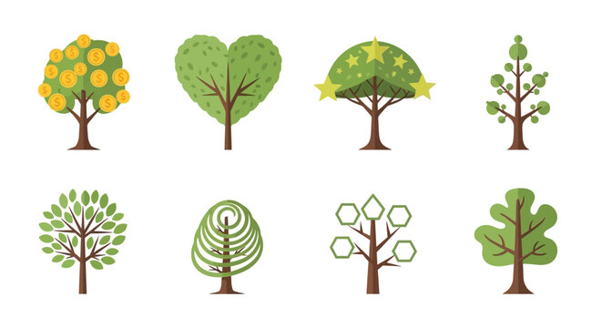 Collection of colorful vector tree illustrations in flat design style.
