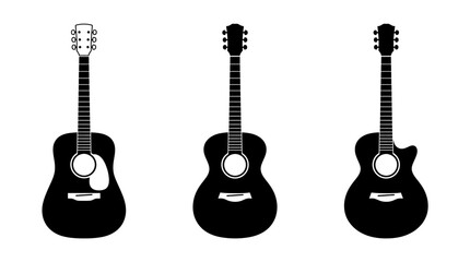 Fototapeta premium Acoustic Guitar Silhouettes Vector Collection – Black Six‑String Instruments, Cutaway and Full‑Body Designs for Music Branding, Concert Icons, Artistic Graphic Illustration Vector Artwork