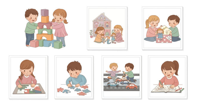 Adorable Illustrations of Children Playing with Building Blocks Puzzles Toys and Books.